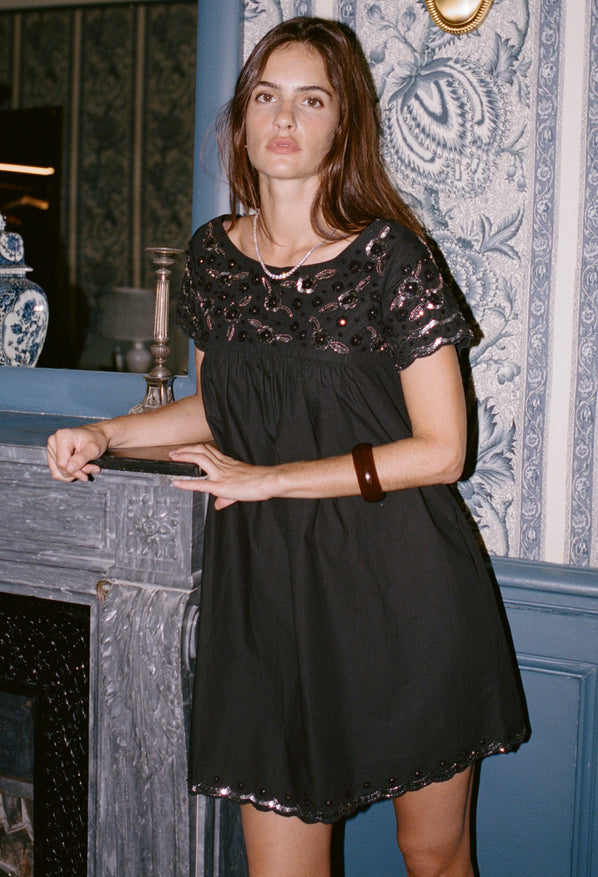 Elea Embellished Cotton Dress Black