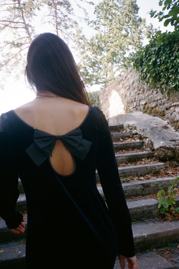 Genevieve Black Velvet Mini Dress with Bow