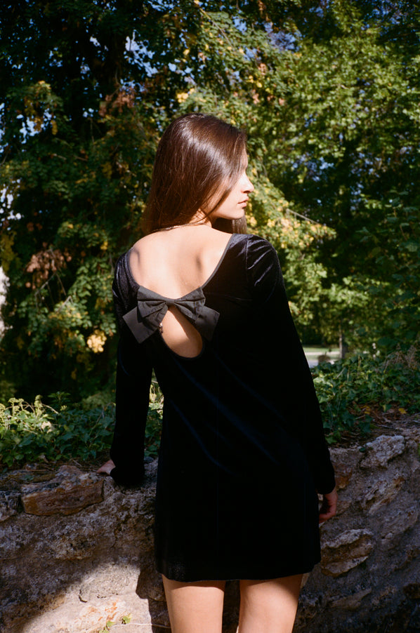 Genevieve Black Velvet Mini Dress with Bow