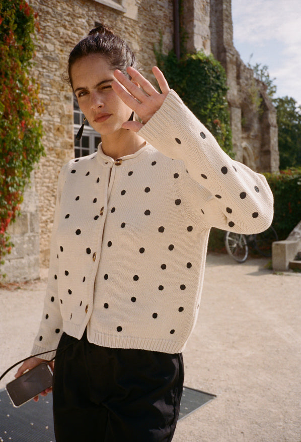Maija Polka Dot Cotton Cardigan Ivory