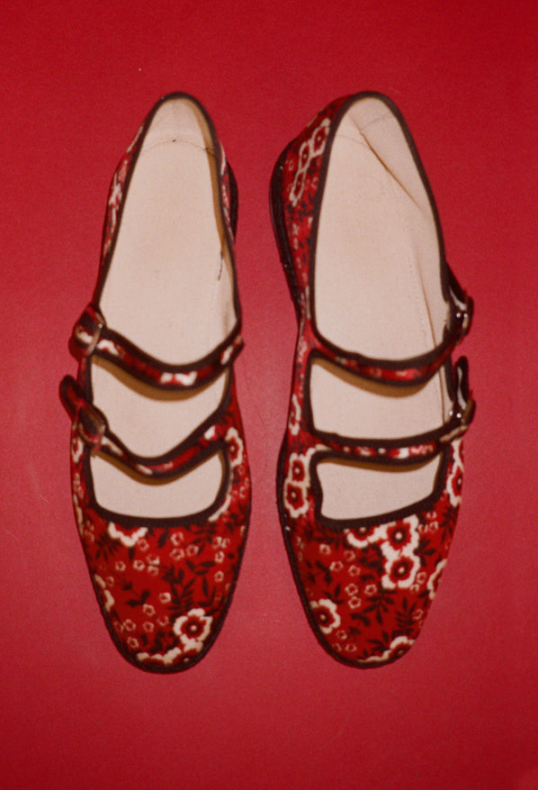 Pair of red floral-patterned shoes on a red background