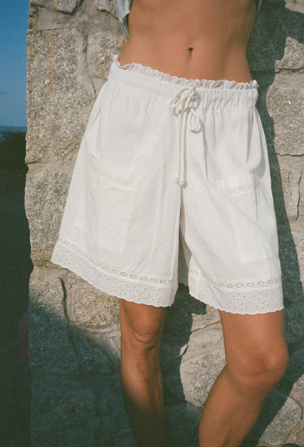 Neria White Embroidered Cotton Short