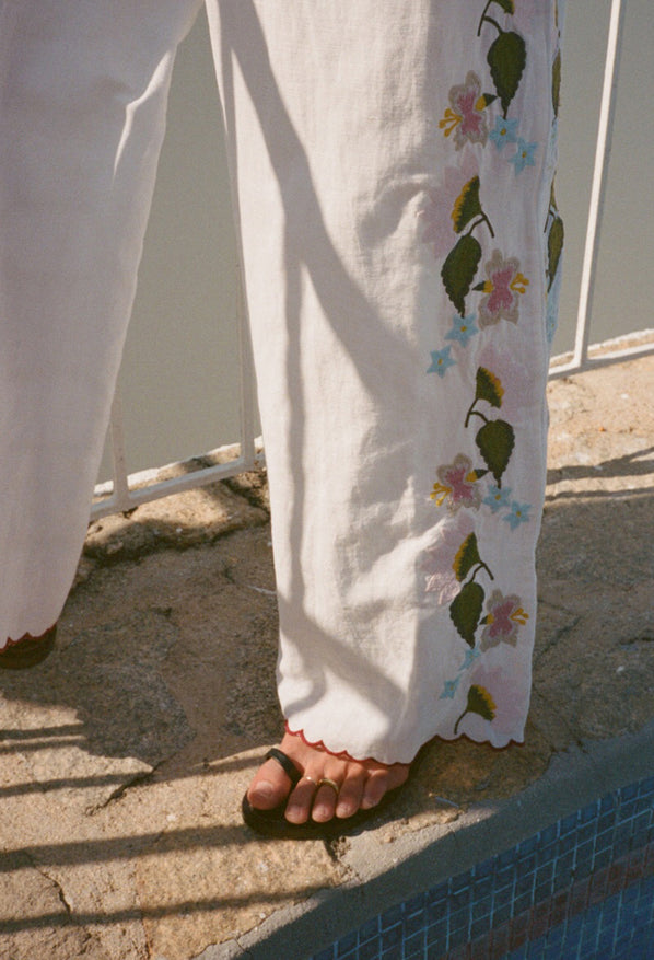 Ermmano White Embroidered Linen Pant