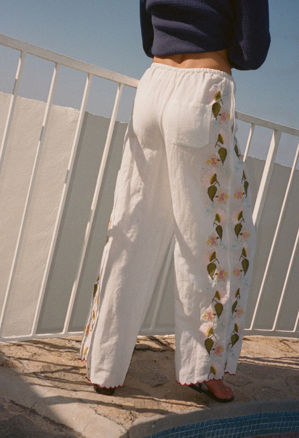 Ermmano White Embroidered Linen Pant