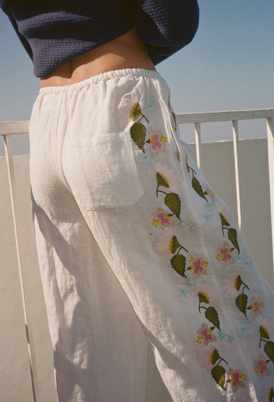Ermmano White Embroidered Linen Pant