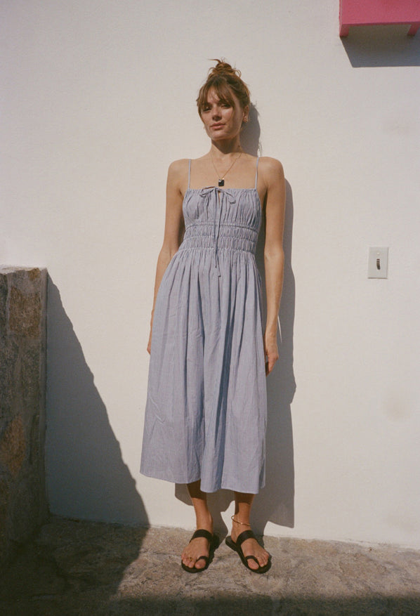 blue stripe cotton dress 100% Cotton Light Blue Stripe Midi Dress - All Dresses