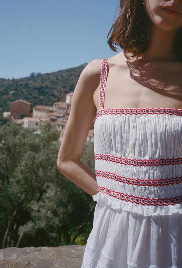 Carolyne Floral Embroidered White Voile Dress