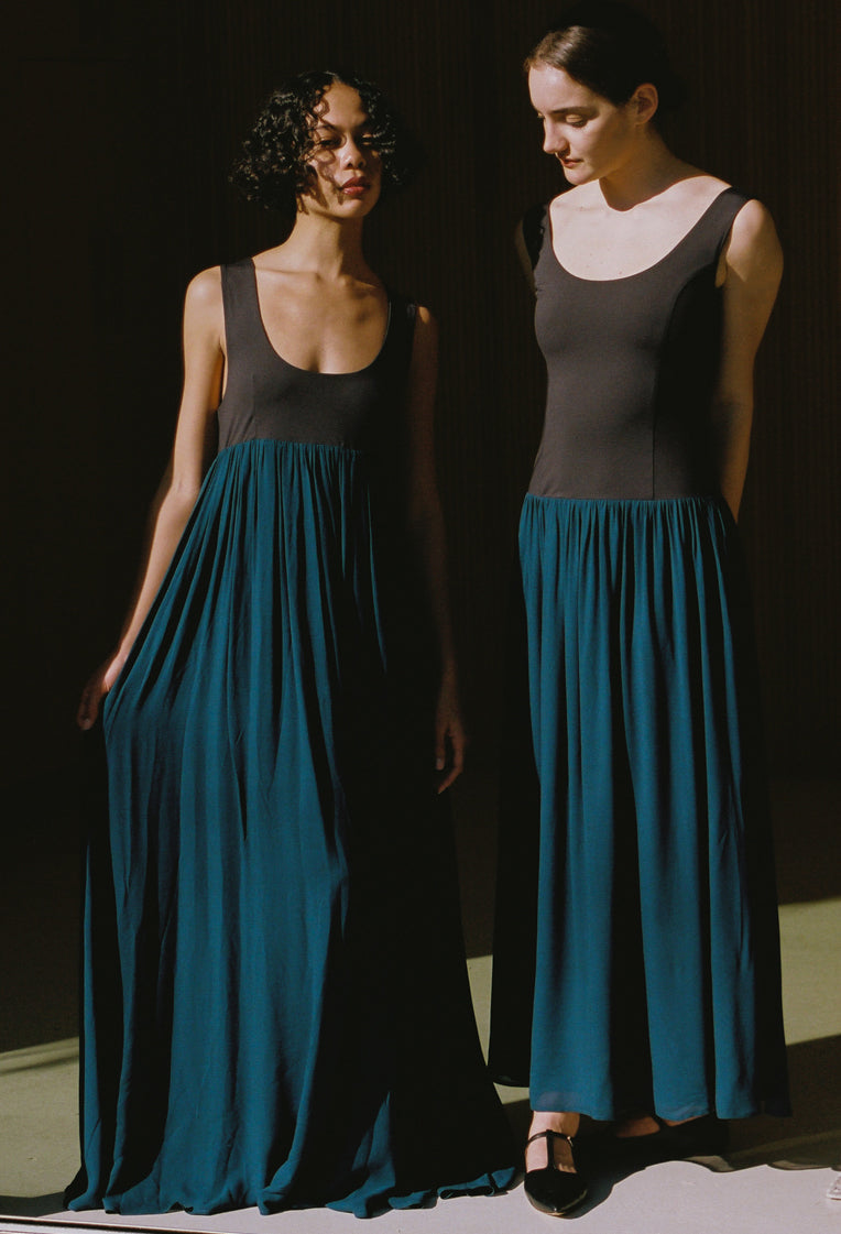 Ninette Navy Chiffon and Jersey Maxi Dress