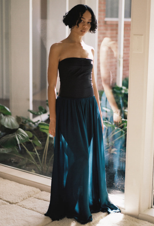 Giselle Navy Chiffon and Jersey Strapless Maxi Dress