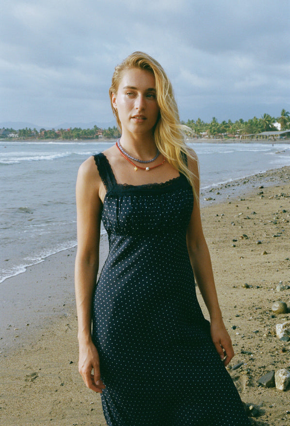 Fiore Navy Pin Dot Silky Midi Dress Ciao Lucia Fiore Navy Pin Dot Silky Midi Dress Ciao Lucia