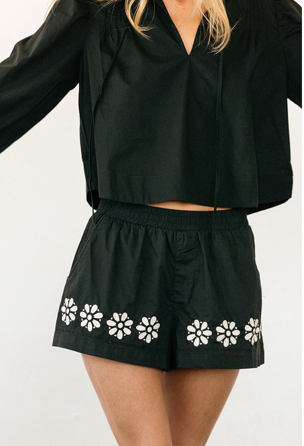 Samaya Black Embroidered Cotton Voile Short
