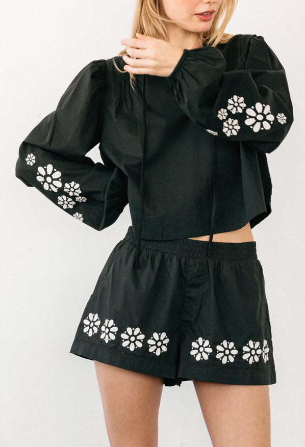 Samaya Black Embroidered Cotton Voile Short