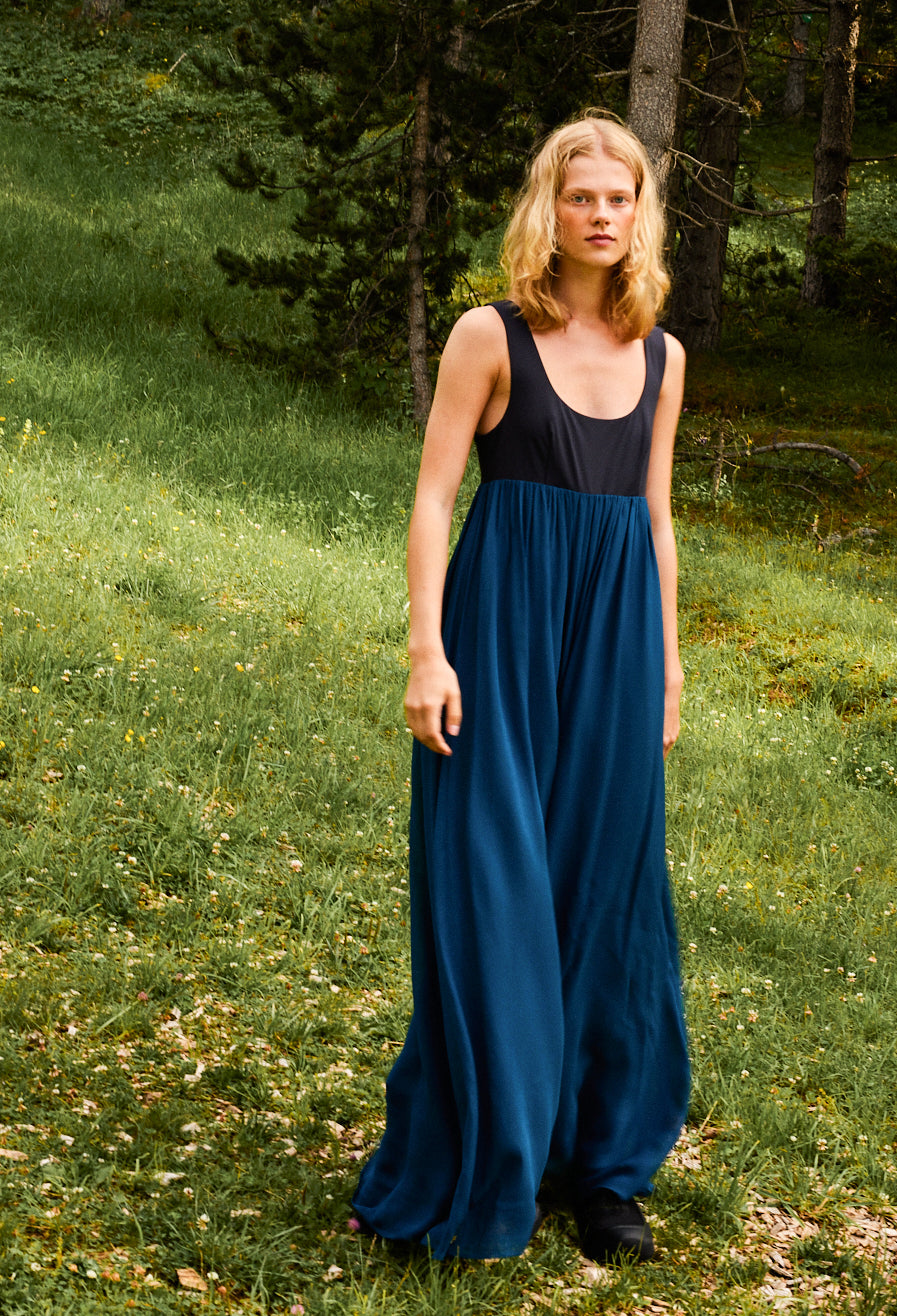 Ninette Navy Chiffon and Jersey Maxi Dress