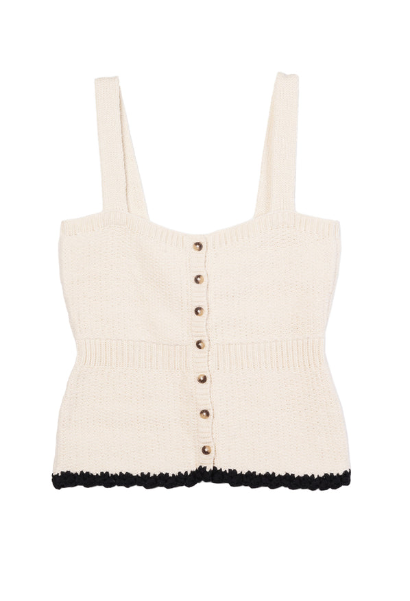 Off white-colored button up knit tank top with black trim on a white background. 
