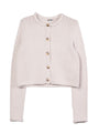 Beige button up cardigan with brown and tan textured buttons on a white background
