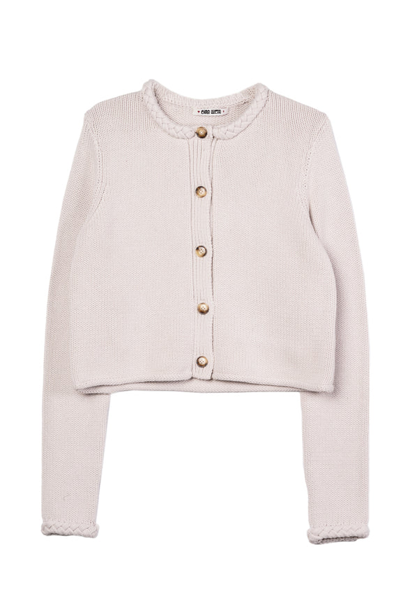 Beige button up cardigan with brown and tan textured buttons on a white background