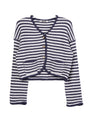 Striped white and navy cardigan with buttons against a white background. 