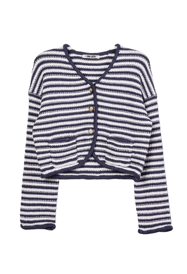 Striped white and navy cardigan with buttons against a white background. 