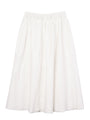 Long white skirt with ruffles along the waistline against white background. 