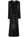 Black velvet long sleeve dress with a tie waist on a white background