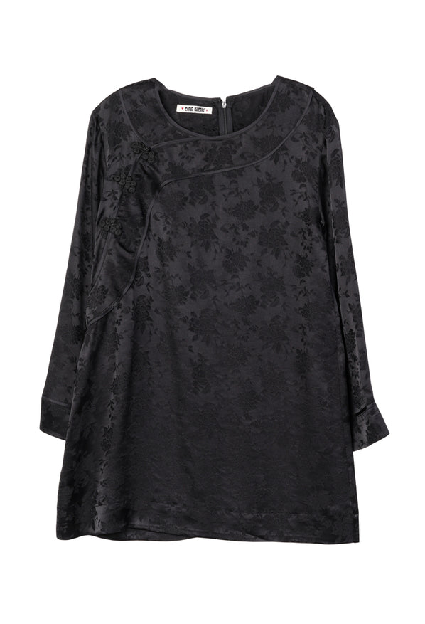 Black floral long sleeve dress on a white background