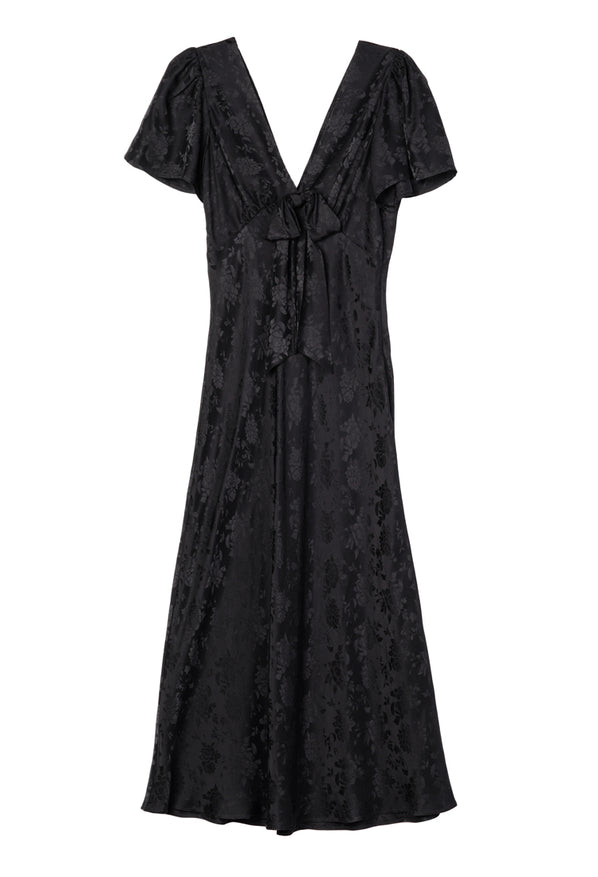 Black floral print dress with ruffled short sleeves and a front bow detail against a white background