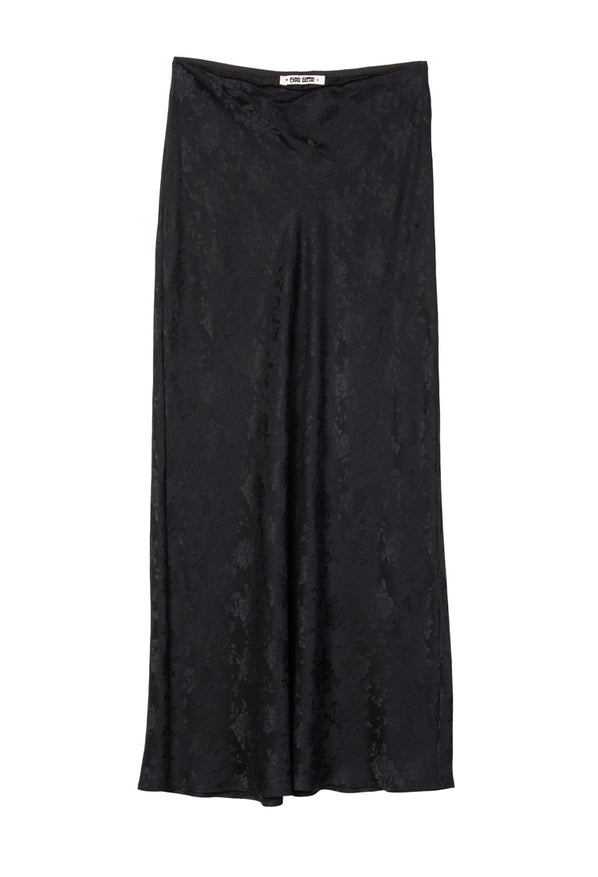 Black silky floral patterned skirt on a white background