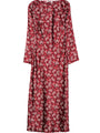 Silky midi length dress with long sleeves and ruby floral print on a white background