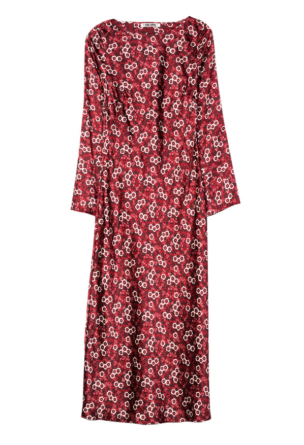Silky midi length dress with long sleeves and ruby floral print on a white background
