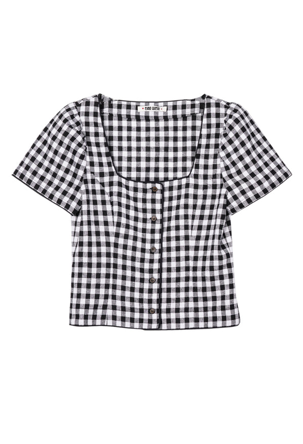 Short sleeve black and white checkered gingham top with buttons down the front on a white background