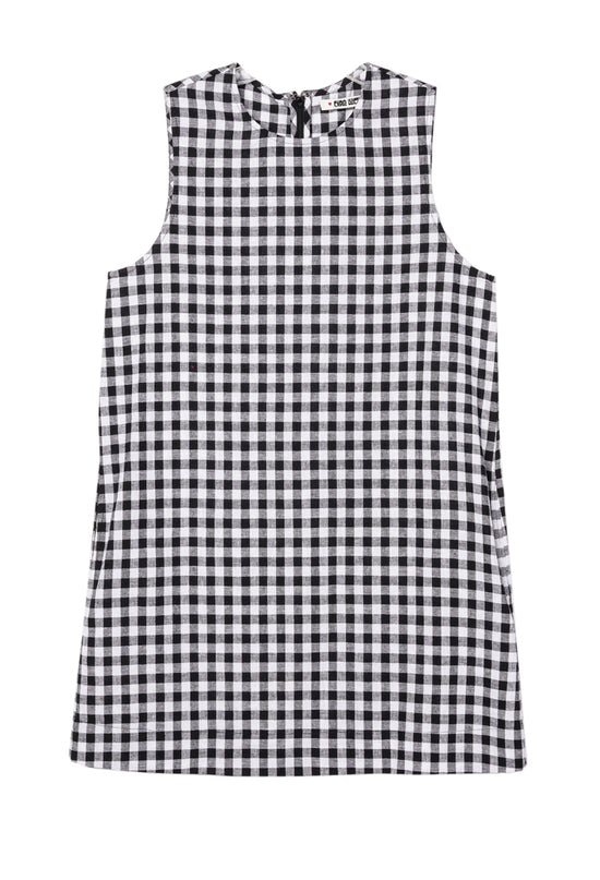 Flat lay image of black and white checkered gingham sleeveless mini dress on a white background