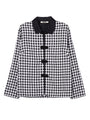 Flat lay image of black and white checkered gingham jacket with black collar and black embroidered buttons