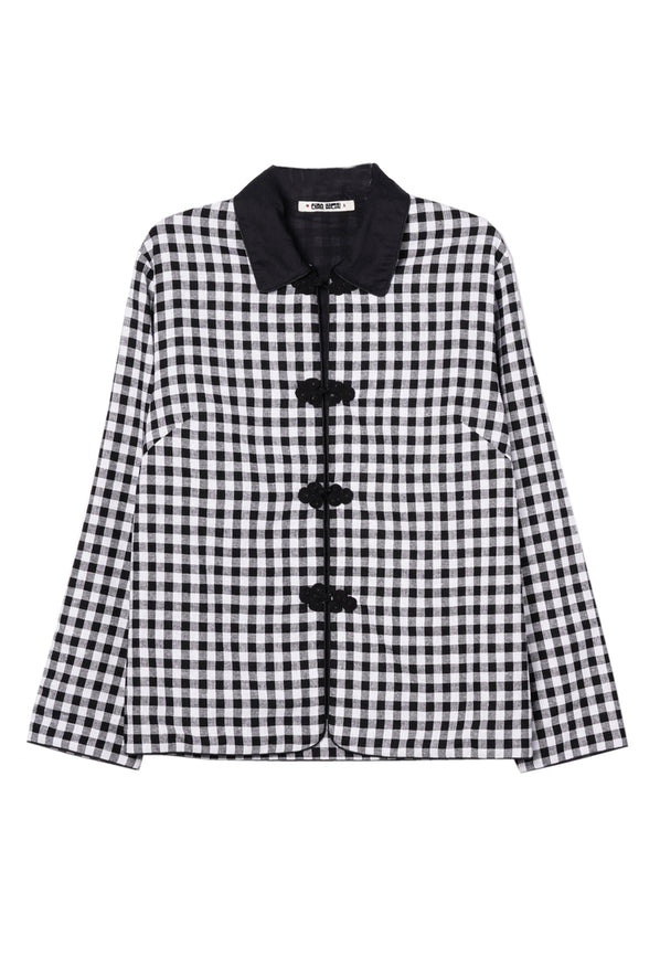Flat lay image of black and white checkered gingham jacket with black collar and black embroidered buttons