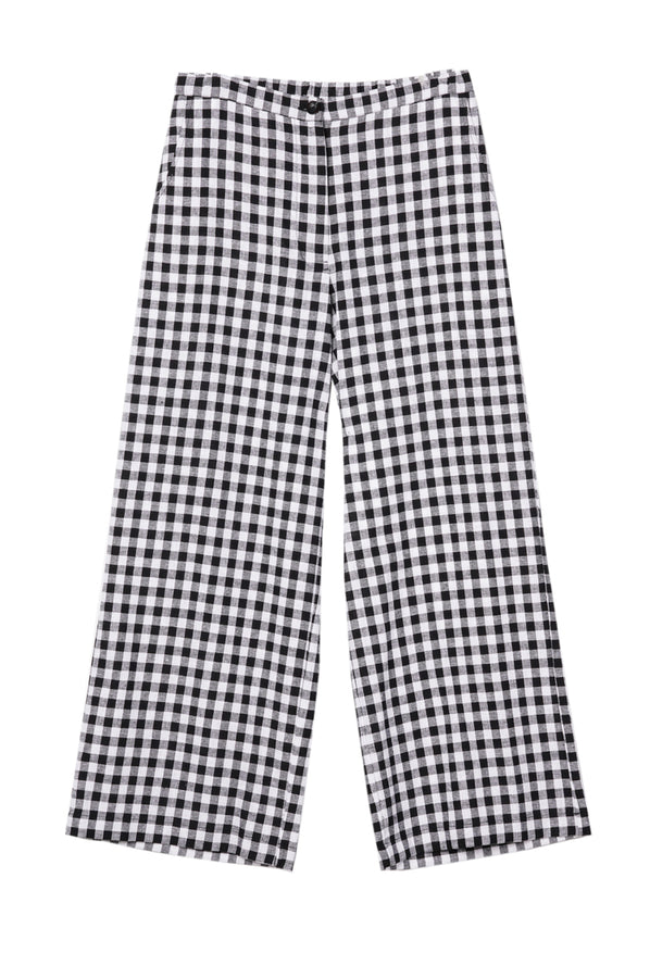 Black and white checkered gingham pants on a white background