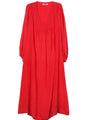 Flat Lay image of a long caftan red dress with long sleeves on a white background