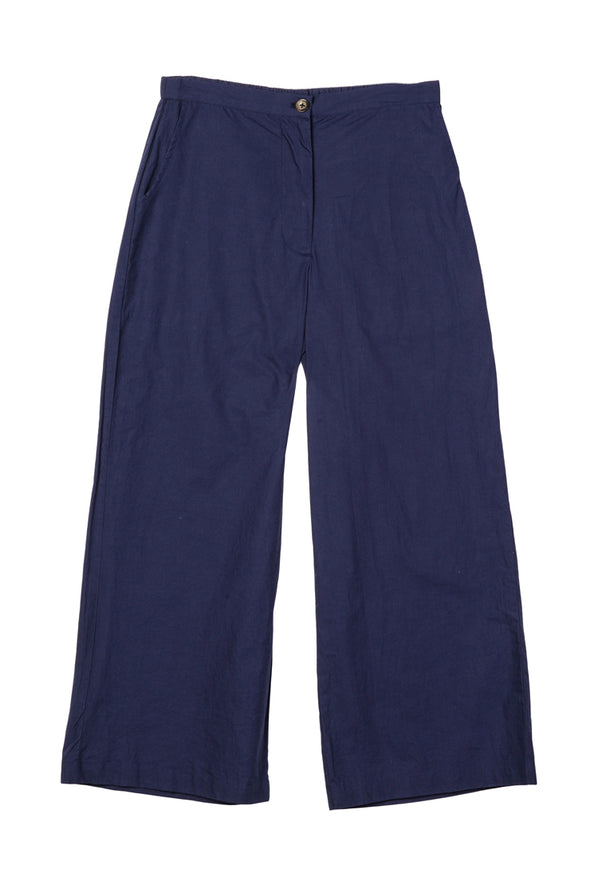 Navy blue wide-leg pants on a white background