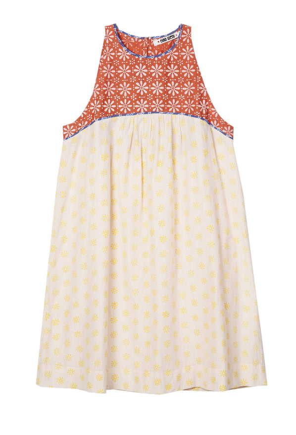 Mini length tank style shift dress with blood orange and white floral top and white skirt with yellow sun pattern on a white background