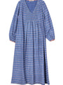 Long sleeve blue Caftan dress with a v-neck and zigzag print on a white background