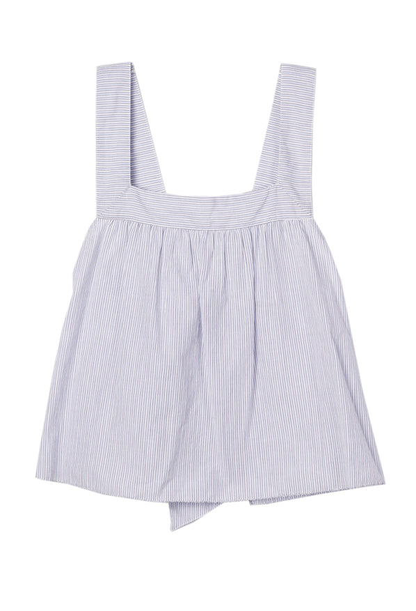 Light blue pin-striped sleeveless top against a white background. 