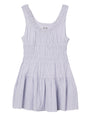 Light blue pin-striped tank style mini dress with a smocked bodice against a white background