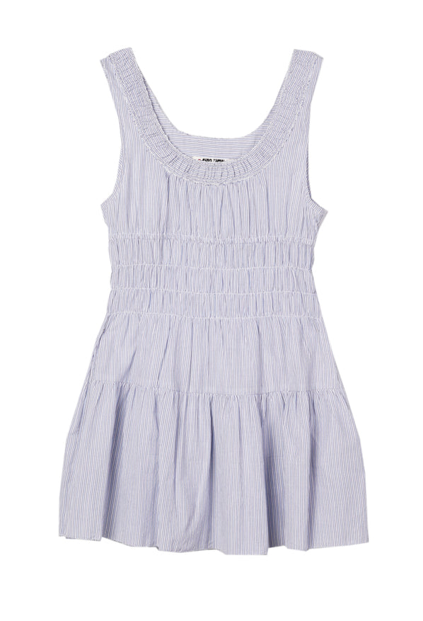 Light blue pin-striped tank style mini dress with a smocked bodice against a white background
