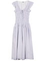 Light blue pinstriped short  ruffled sleeved midi dress with a tie scoop neckline and smocking around the bust to the waist against a white background