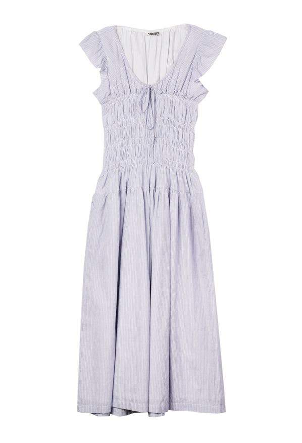 Light blue pinstriped short  ruffled sleeved midi dress with a tie scoop neckline and smocking around the bust to the waist against a white background