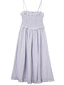 Light blue pin-striped midi length dress with spaghetti straps, smocked bodice and ruffled neckline and waistline on a white background