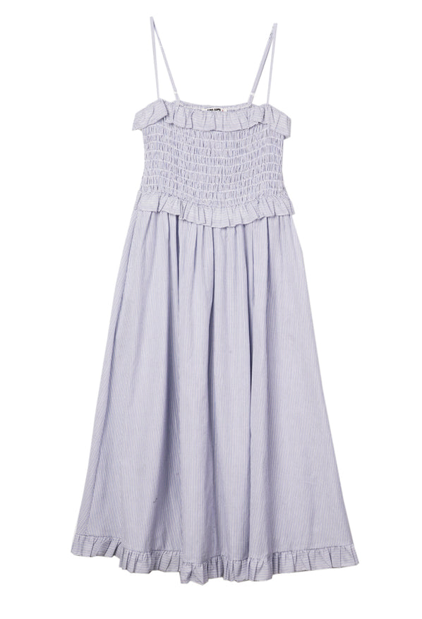 Light blue pin-striped midi length dress with spaghetti straps, smocked bodice and ruffled neckline and waistline on a white background