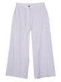 Light blue pin-striped wide-leg pants with a brown waist button against a white background