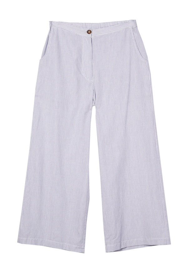 Light blue pin-striped wide-leg pants with a brown waist button against a white background