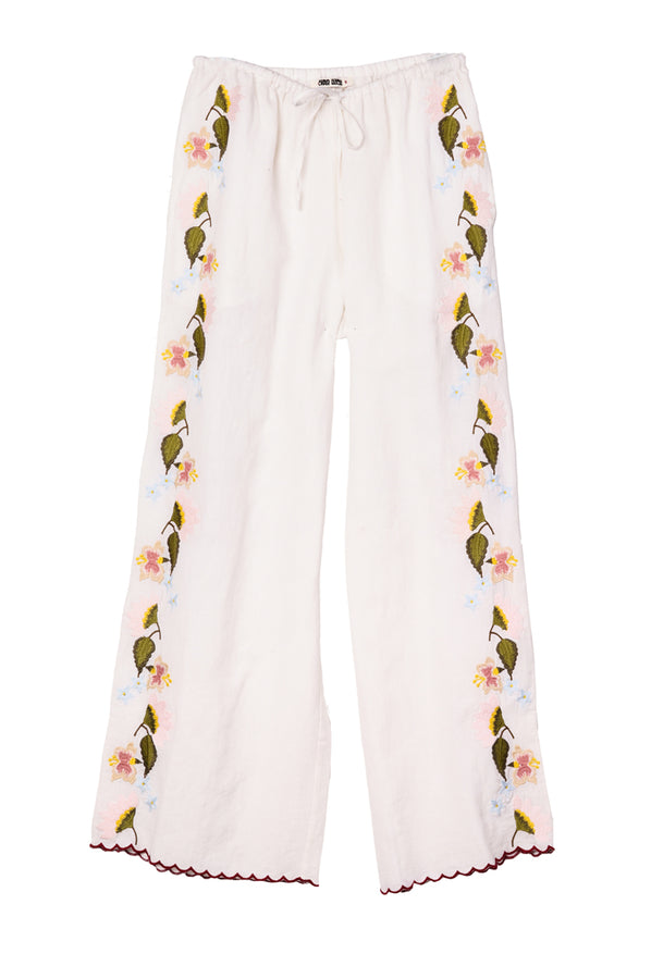 Ermmano White Embroidered Linen Pant