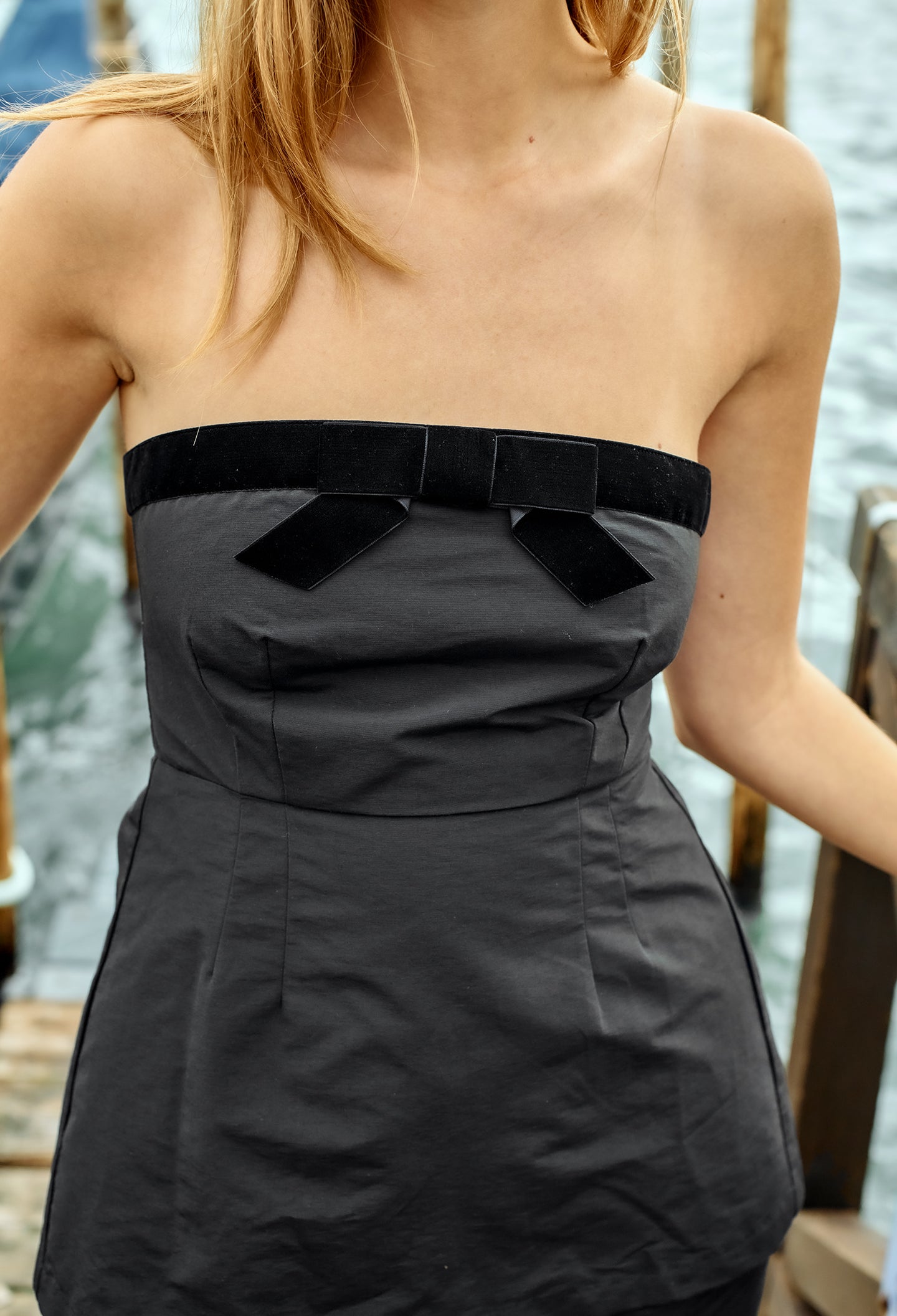 Adeline Faille Strapless Top with Velvet Bow