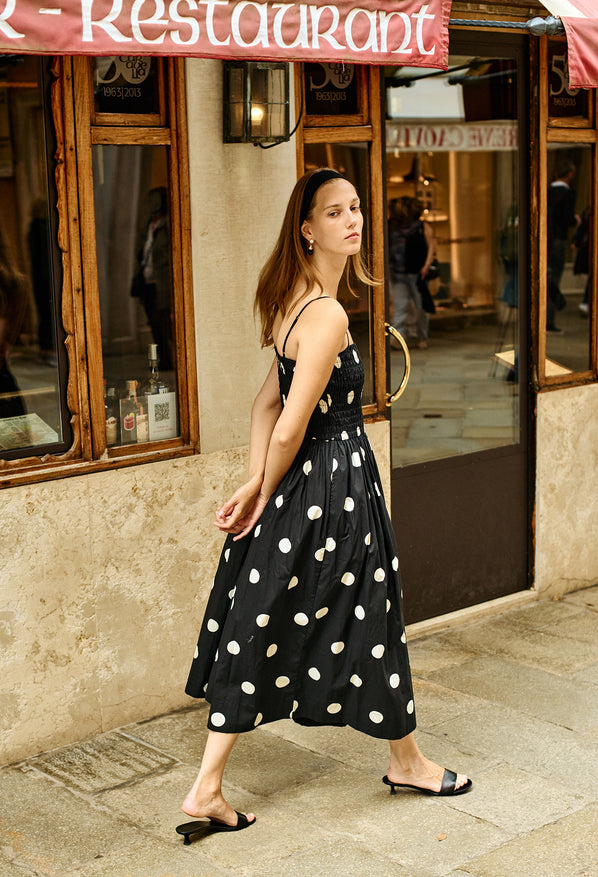 Mael Smocked Polka Dot Midi Dress – Ciao Lucia Mael Smocked Polka Dot Midi Dress – Ciao Lucia